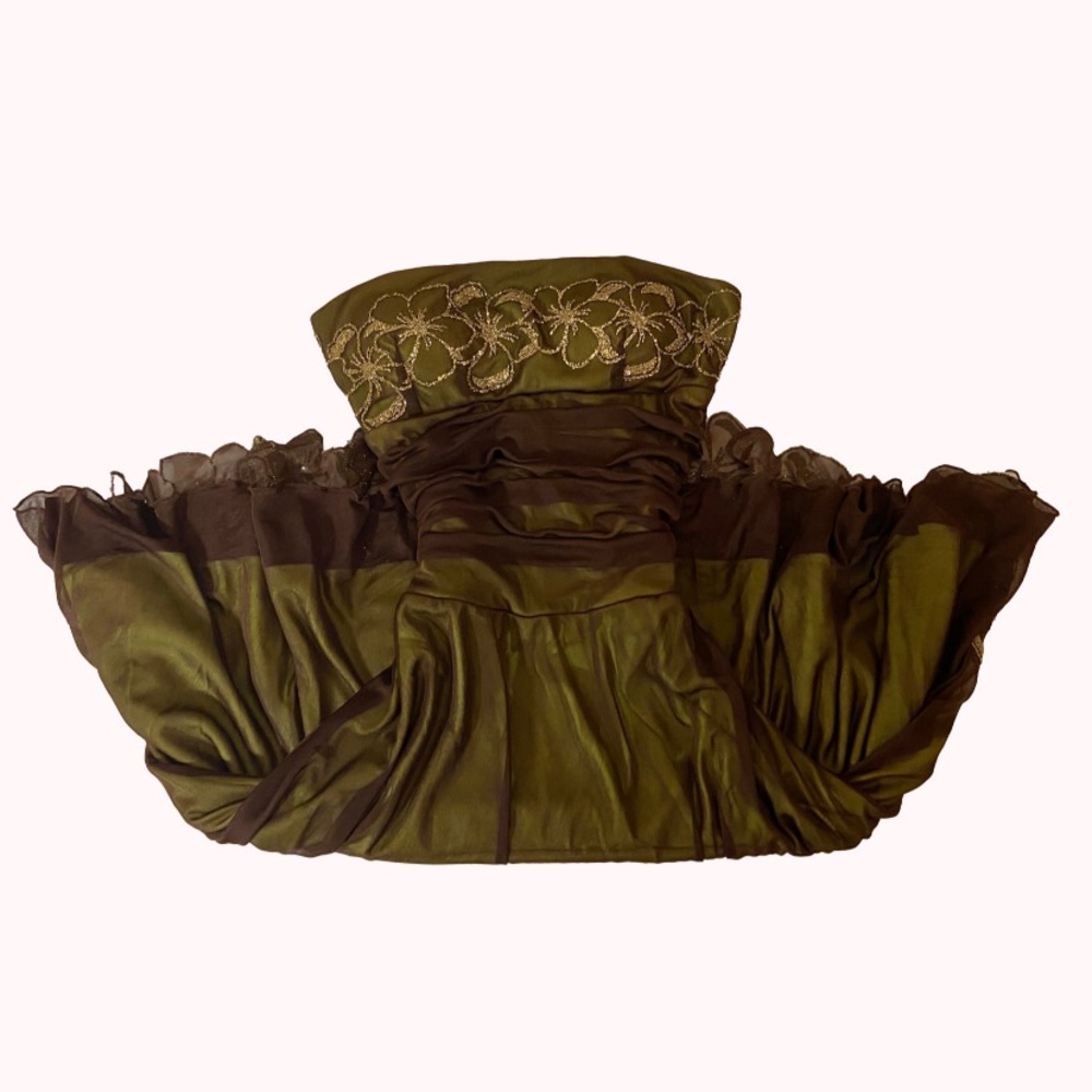 Green and brown strapless dress with gold glitter detailing